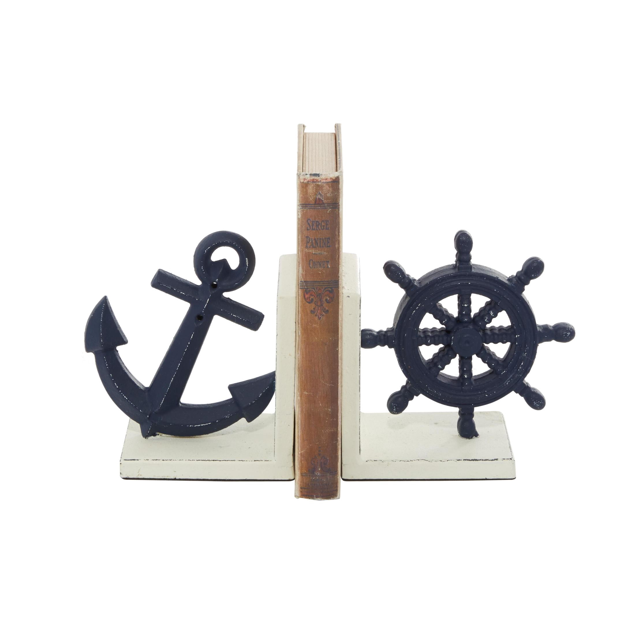 DecMode 6" Anchor Ship Wheel Blue Metal Bookends (Set of 2)
