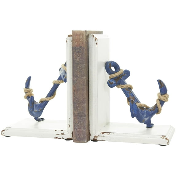 DecMode 6" Distressed Anchor Blue Metal Bookends with Rope Accents and White Wood Stands (Set of 2)