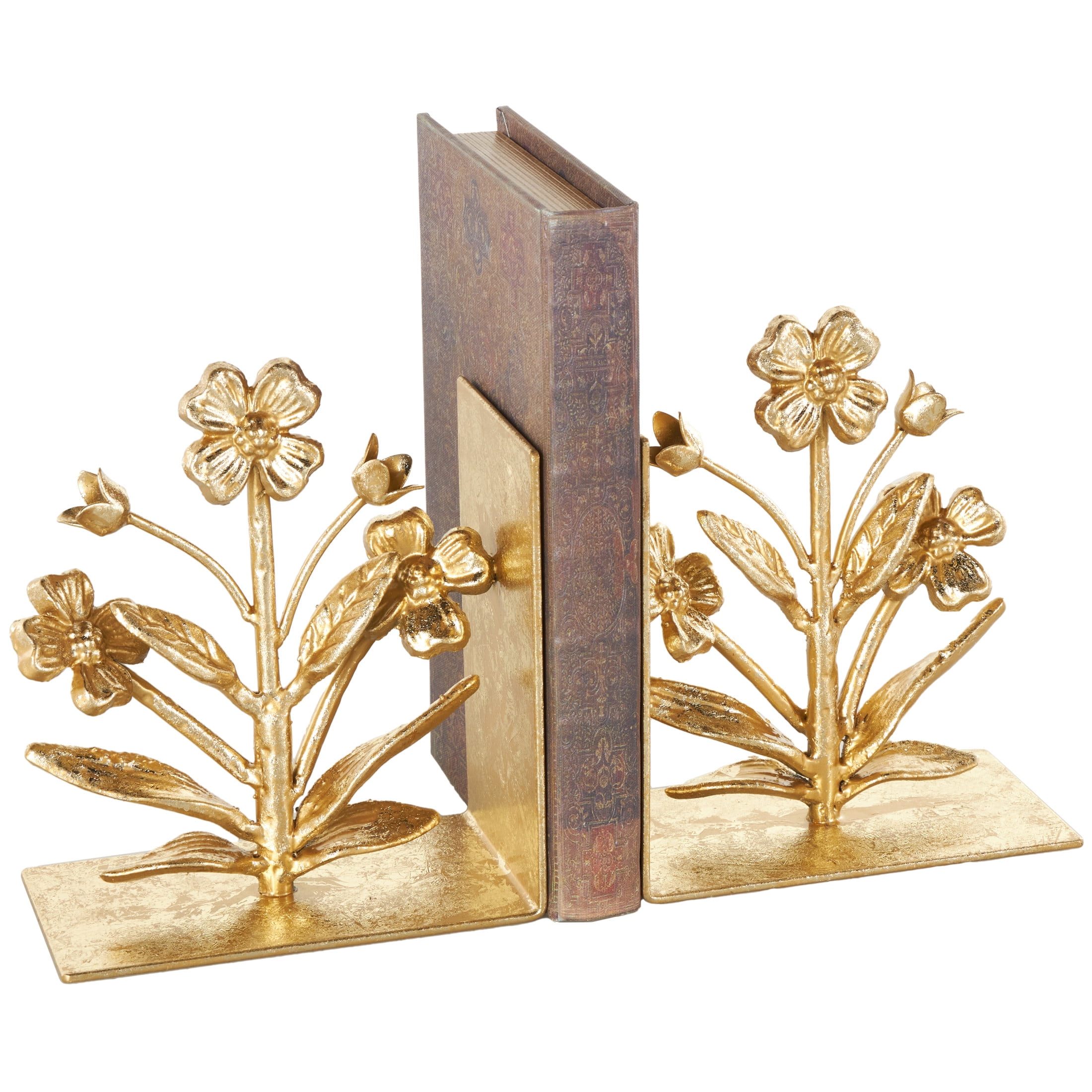 DecMode 6" Floral Gold Metal Bookends with Shimmer Details (Set of 2)