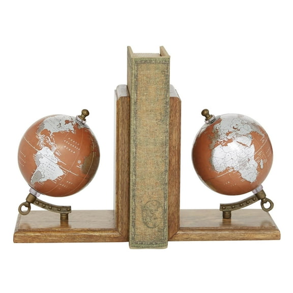 DecMode 6" Globe Brown Wood Bookends (Set of 2)