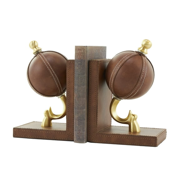 DecMode 6" Handmade Stitched Globe Brown Leather Bookends with Brown Wood Base (Set of 2)