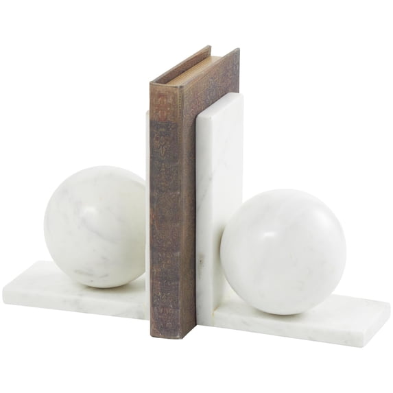 DecMode 6" Sleek Orb Geometric 12 lbs White Marble Bookends with L- Shaped Bases (Set of 2)