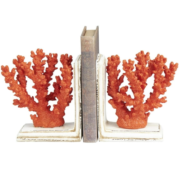 DecMode 6" Textured Coral Orange Polystone Bookends with Cream Base (Set of 2)