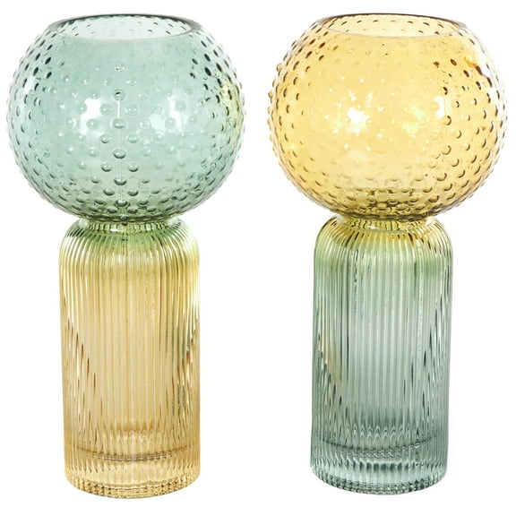 DecMode 6"W, 12"H Geometric Ribbed Ombre Multi Colored Glass Vase, Set of 2