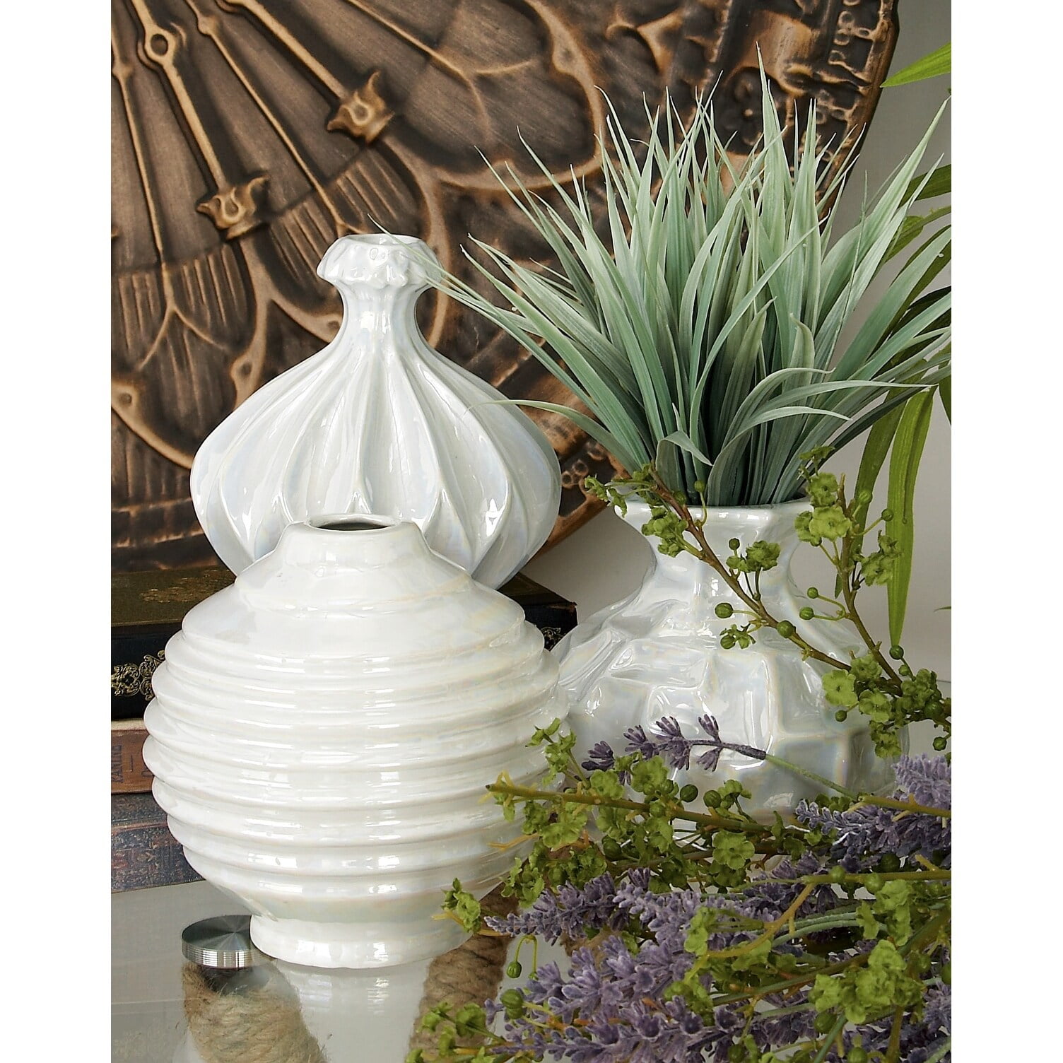 DecMode 6"W, 6"H Cream Ceramic Vase with Varying Patterns, Set of 3