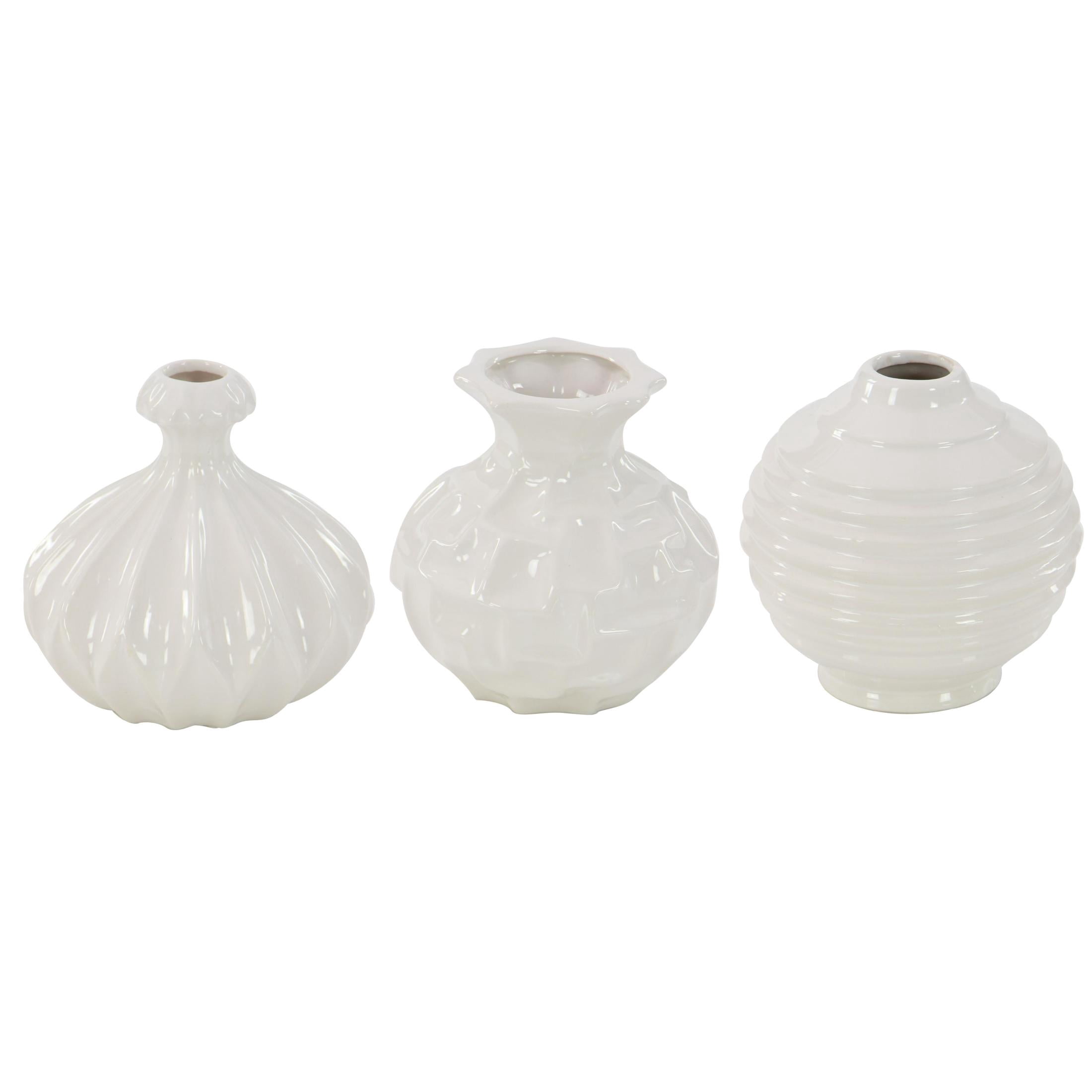 DecMode 6"W, 6"H White Ceramic Vase with Varying Patterns, Set of 3