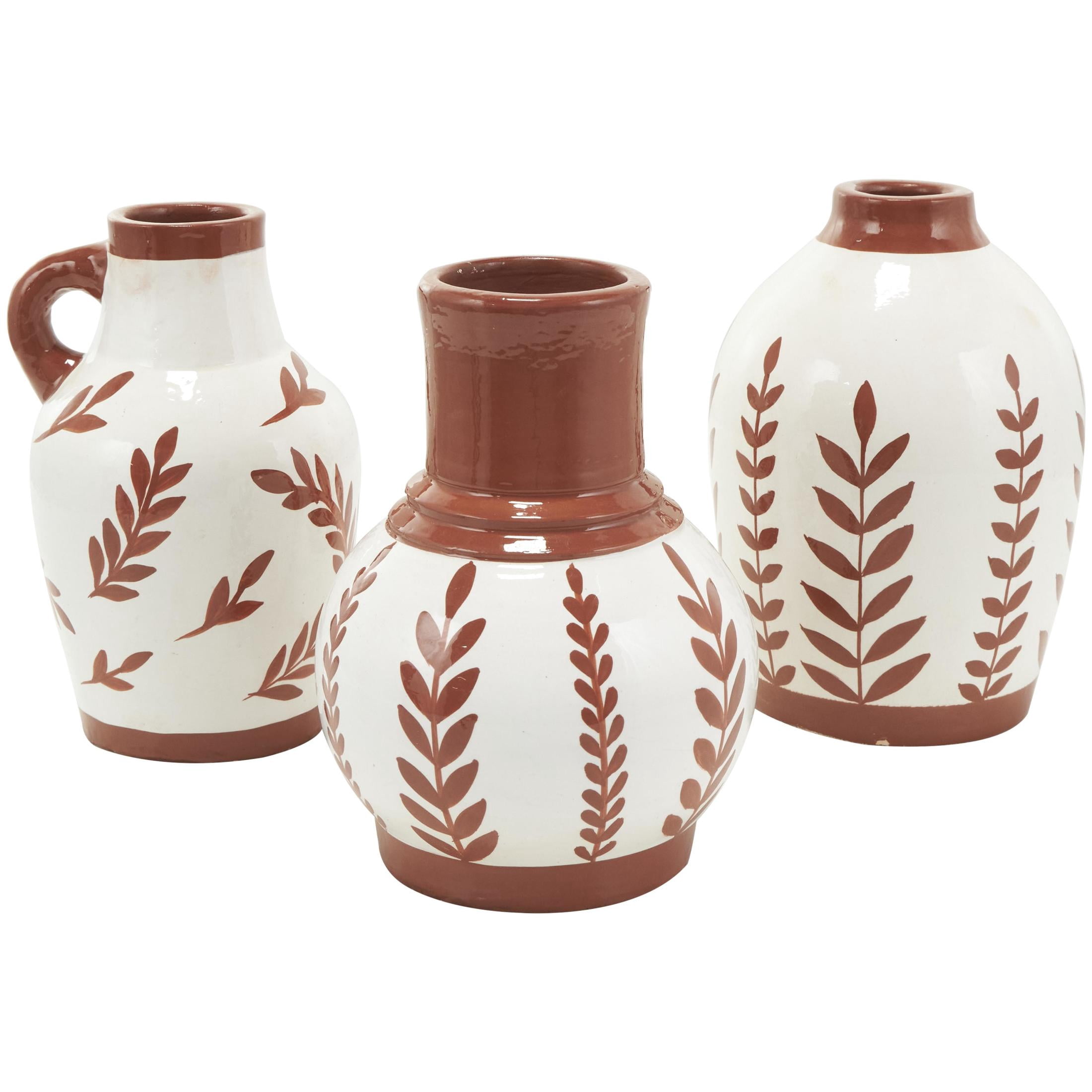 DecMode 6"W, 9"H Floral White Ceramic Vase with Terracotta Colored Detailing, Set of 3