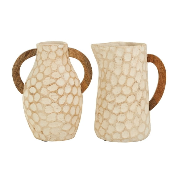 DecMode 6"W,9"H Honeycomb Inspired Jug Beige Paper Mache Vase with Brown Wooden Handles, Set of 2