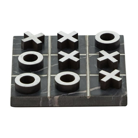 DecMode 6" x 1" Black Marble Tic Tac Toe Small Game Set with Silver Metal Accents, 1-Piece