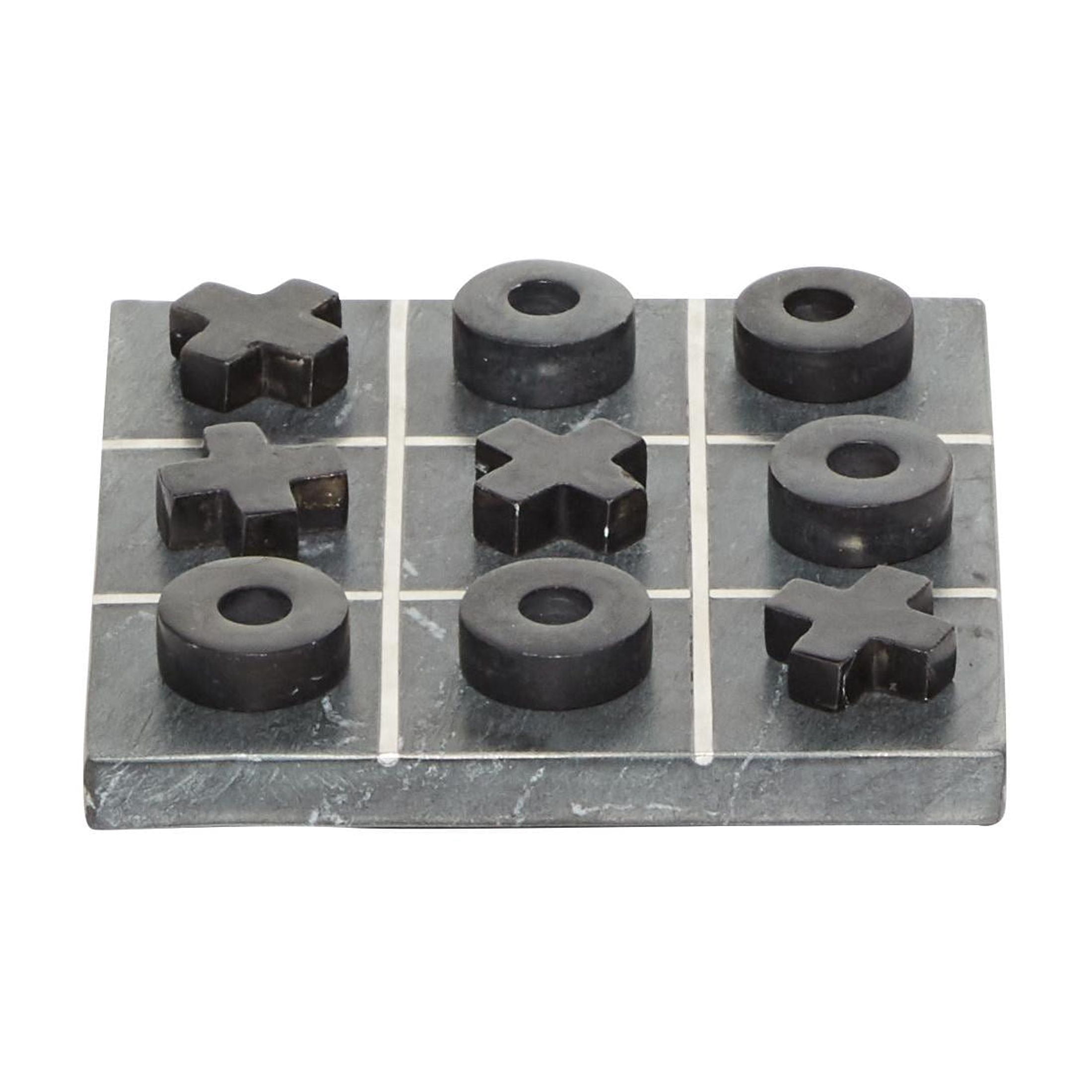 DecMode 6" x 1" Black Marble Tic Tac Toe Game Set with Silver Metal Accents, 1-Piece