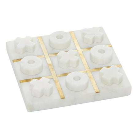 DecMode 6" x 1" White Marble Tic Tac Toe Small Game Set with Gold Metal Inlay, 1-Piece