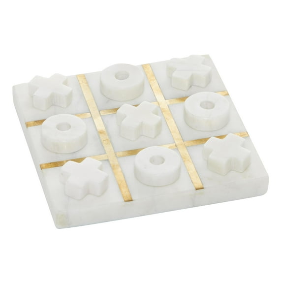 DecMode 6" x 1" White Marble Tic Tac Toe Small Game Set with Gold Metal Inlay, 1-Piece