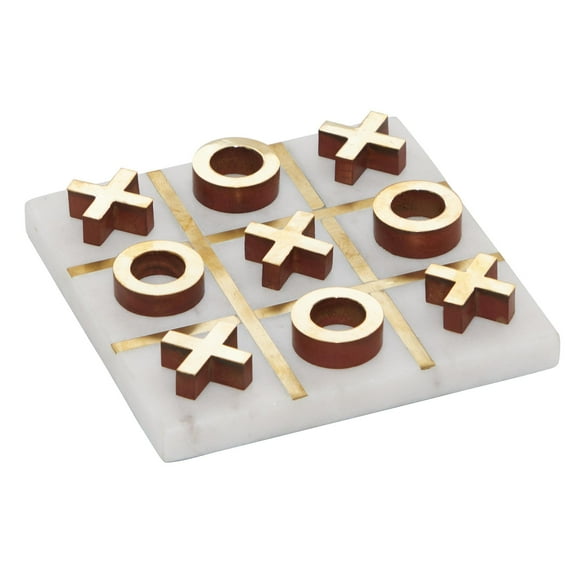 DecMode 6" x 1" White Marble Tic Tac Toe Game Set with Gold Metal Accents, 1-Piece