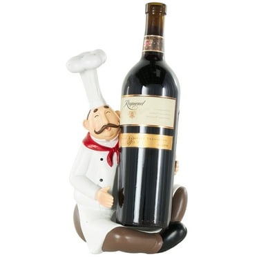 DecMode 6" x 10" White Polystone Kitchen Decorative Figurine Single Bottle Chef Wine Holder with Red Accents, 1-Piece