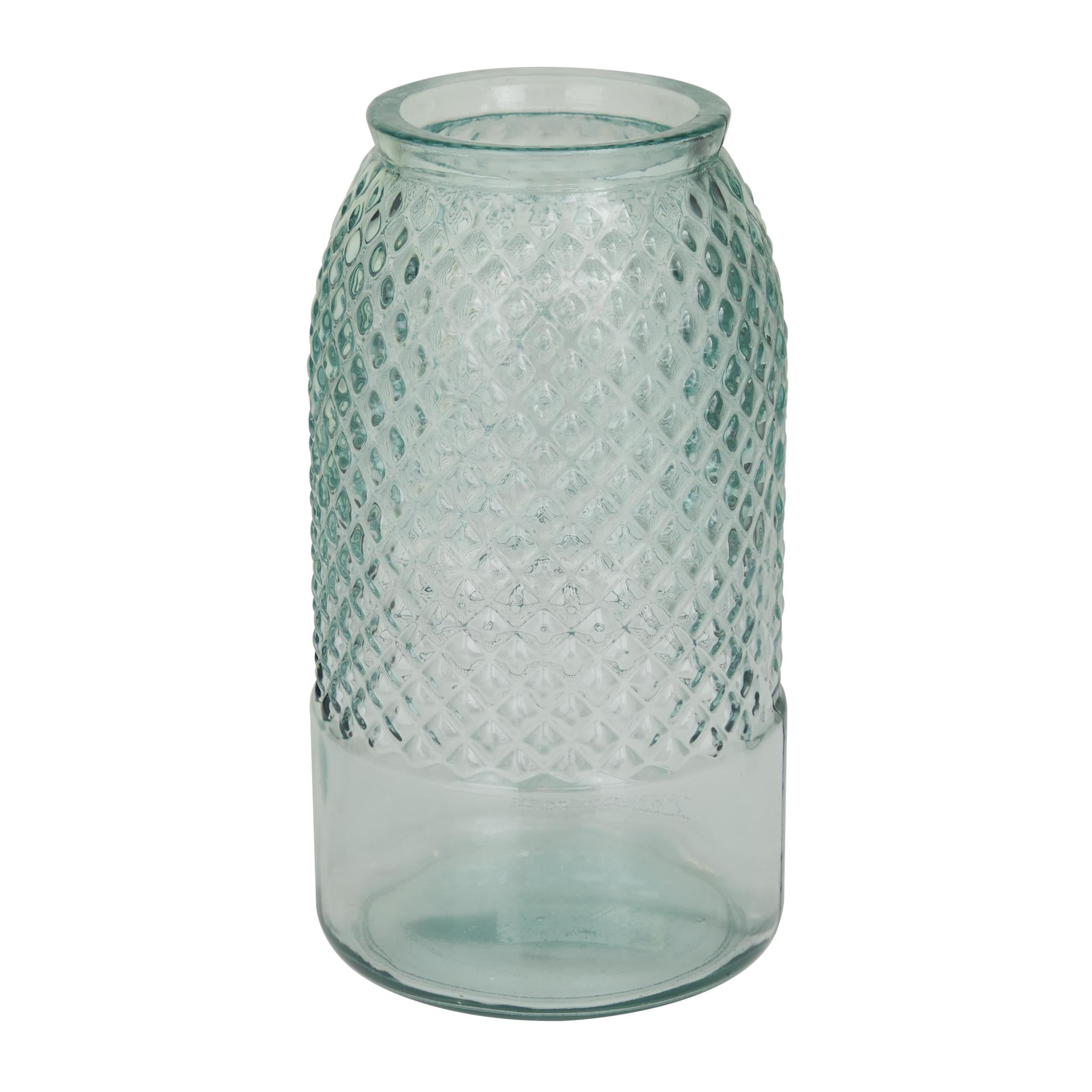 DecMode Teal Recycled Glass Handmade Slim Spanish Decorative Vase with Textured Diamond Pattern, 6" x 6" x 11"