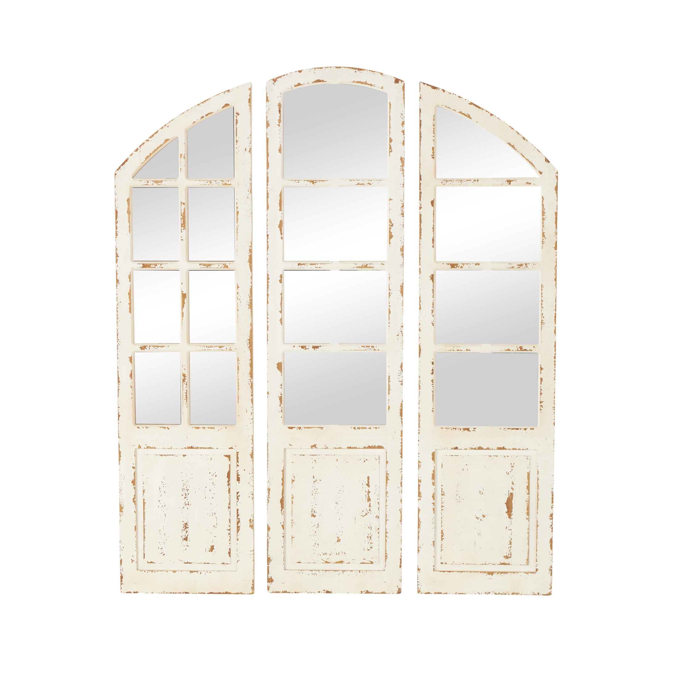 DecMode 60", 59", 59"H White Window Pane Inspired Wall Mirror with Arched Top and Distressing, Set of 3