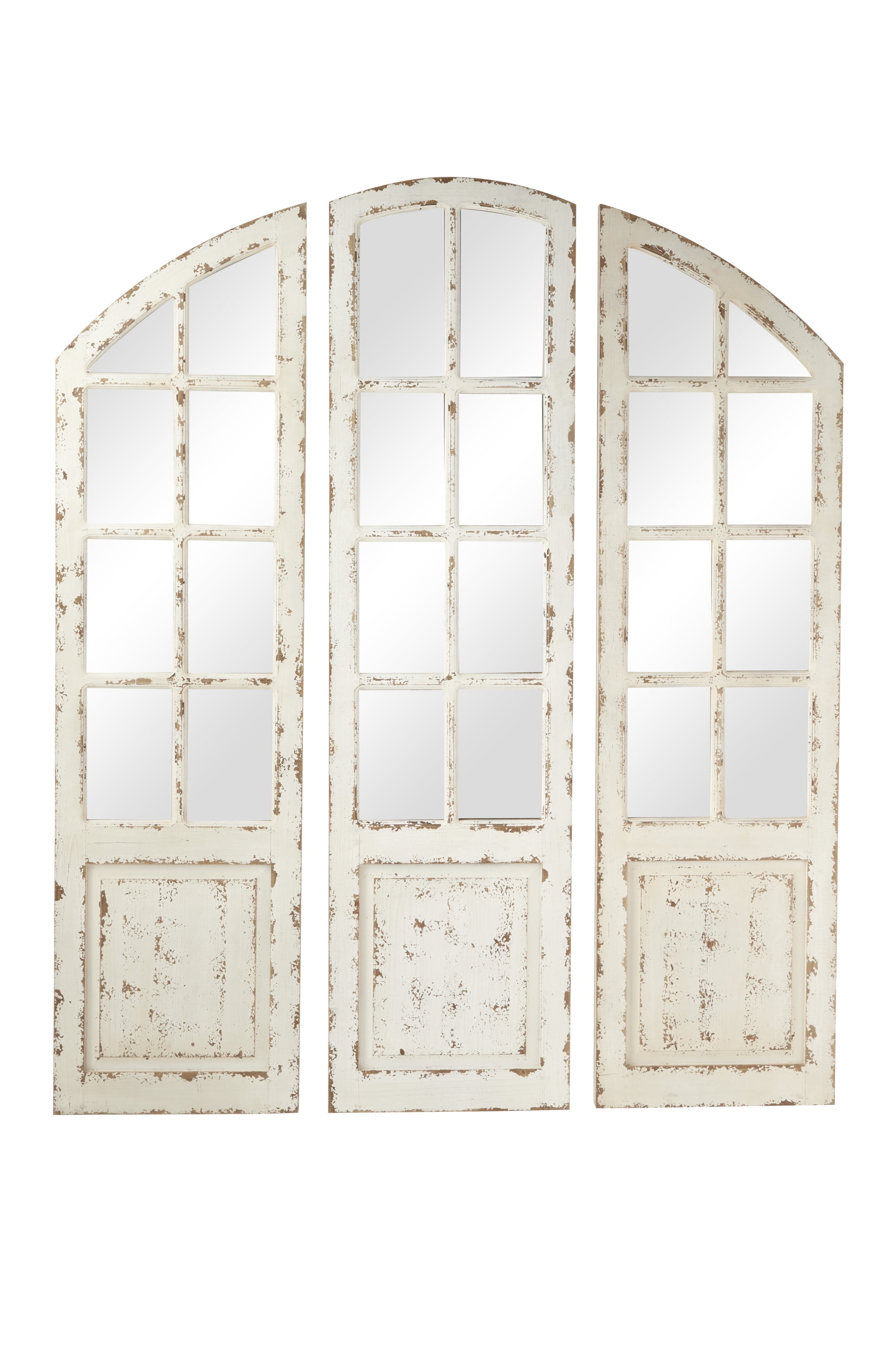 White Distressed Wood Windowpane Arched Decorative Mirror Set