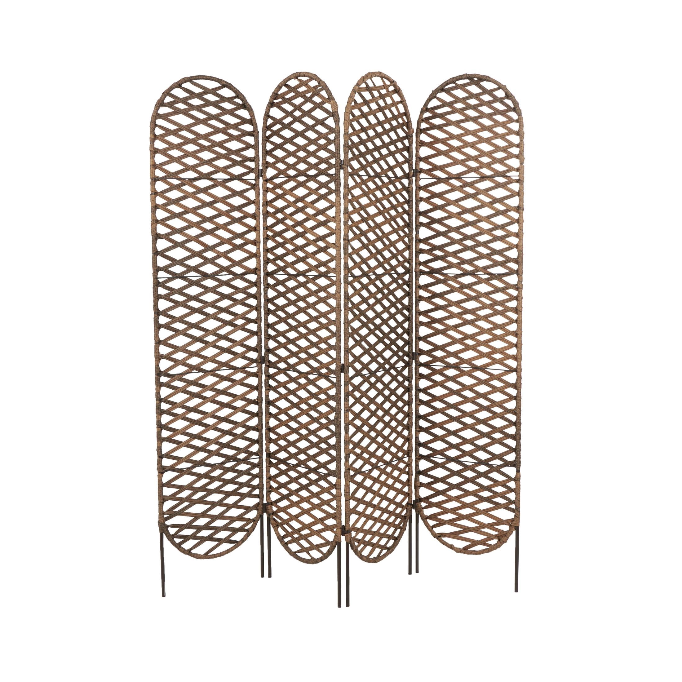 DecMode 60" x 71" Copper Metal Geometric Handmade Foldable Woven 4 Panel Room Divider Screen with Cutouts, 1-Piece