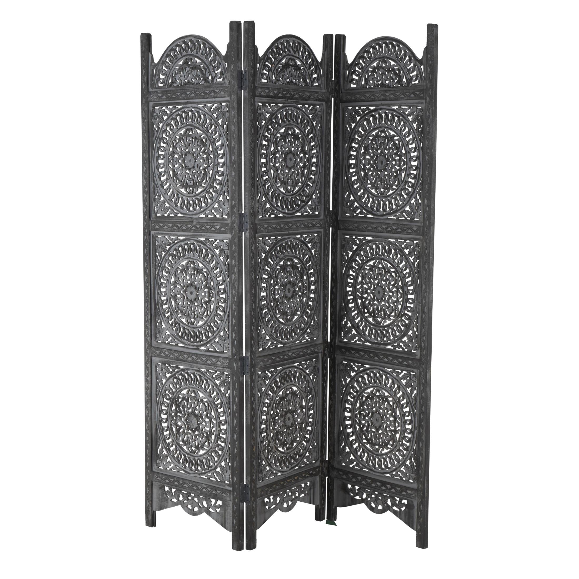 DecMode 60" x 72" Black Wood Floral Handmade Foldable Partition 3 Panel Room Divider Screen with Carved Designs, 1-Piece