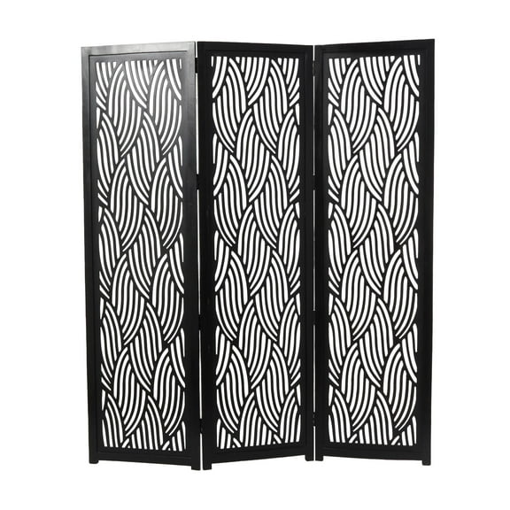 DecMode 60" x 72" Black Mango Wood Abstract Wavy Cutout 3 Panel Room Divider Screen, 1-Piece