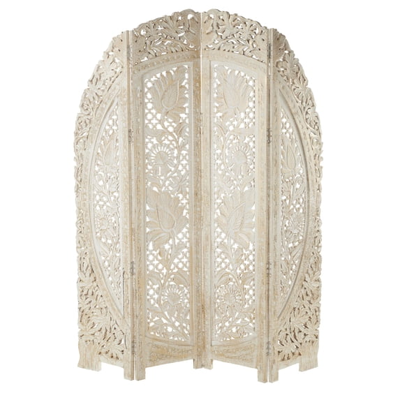 DecMode 60" x 72" White Wood Floral Handmade Foldable Partition 4 Panel Room Divider Screen with Carved Designs, 1-Piece