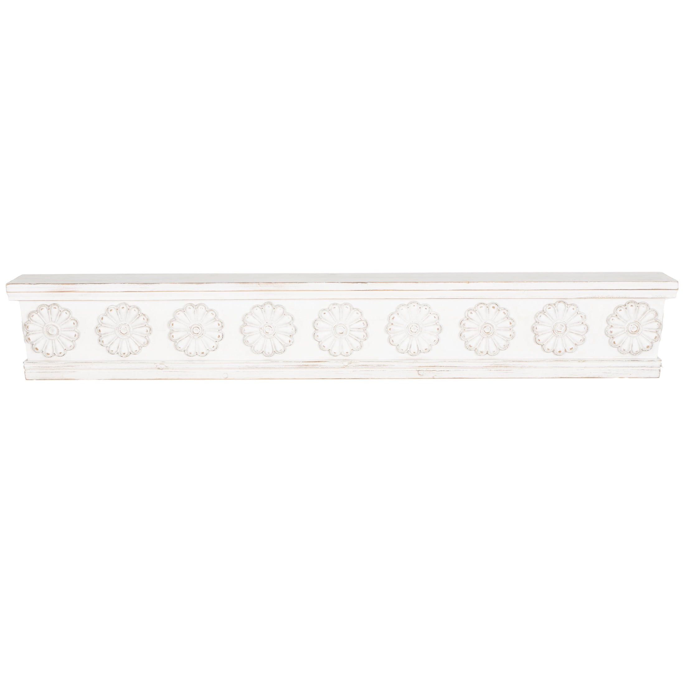 DecMode 60" x 8" 1-Tier White Floral Wall Shelf with Brown Distressing