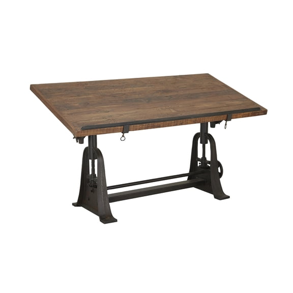 DecMode 62" x 32" Brown Teak Wood Drafting Style Desk with Tilting Top and Crank Height Adjustment, 1-Piece