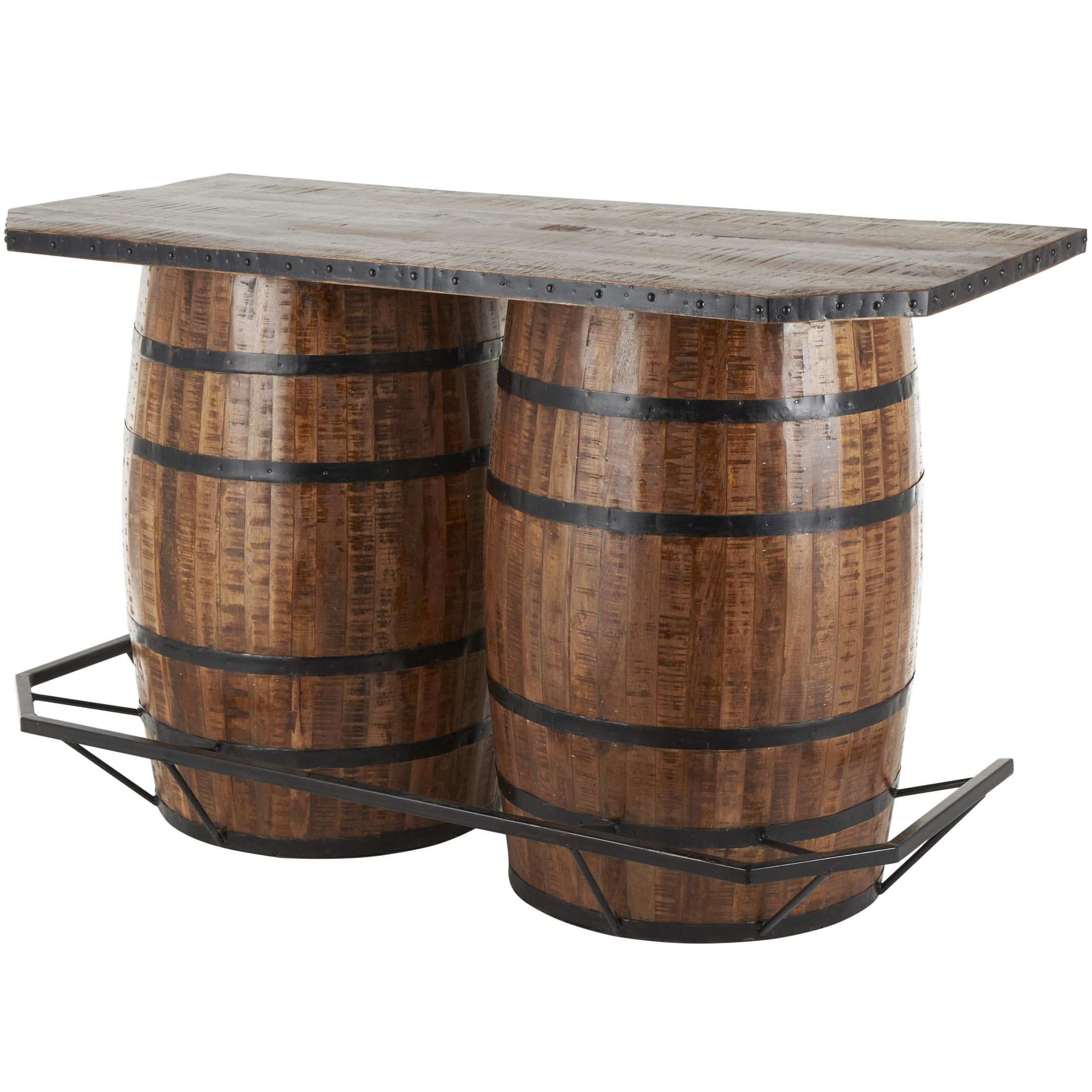 DecMode 63" x 40" Brown Mango Wood Kitchen Barrels Bar with Live Edge Tabletop and Black Metal Support, 1-Piece