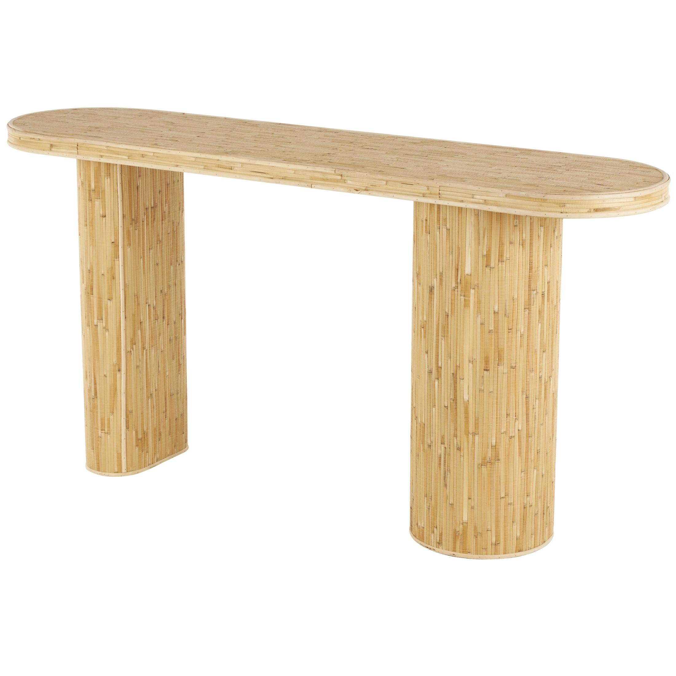 DecMode 64" x 32" Brown Rattan Handmade Textured Oval Console Table with Linear Wood Strip Design, 1-Piece