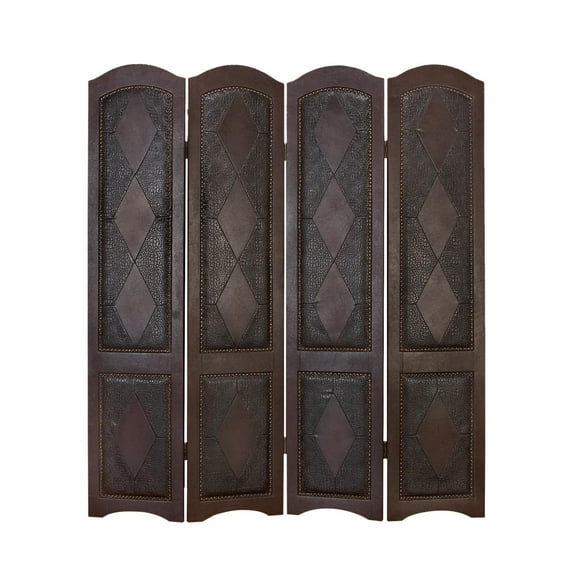 DecMode 64" x 71" Brown Faux Leather Scroll Foldable Partition 4 Panel Room Divider Screen with Faux Leather Detailing, 1-Piece