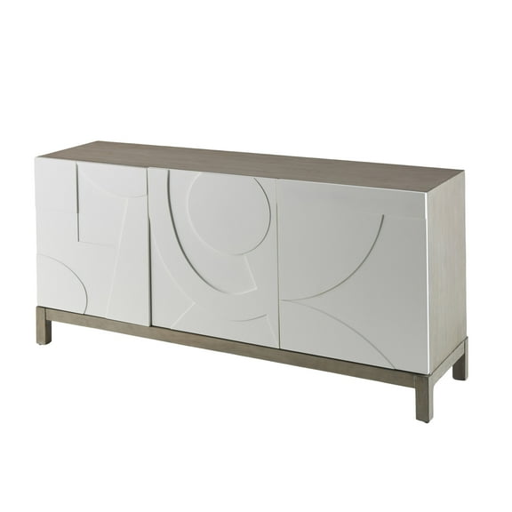 DecMode 68" x 32" White Wooden Geometric 3 Door and 1 Interior Drawer Sideboard, 1-Piece