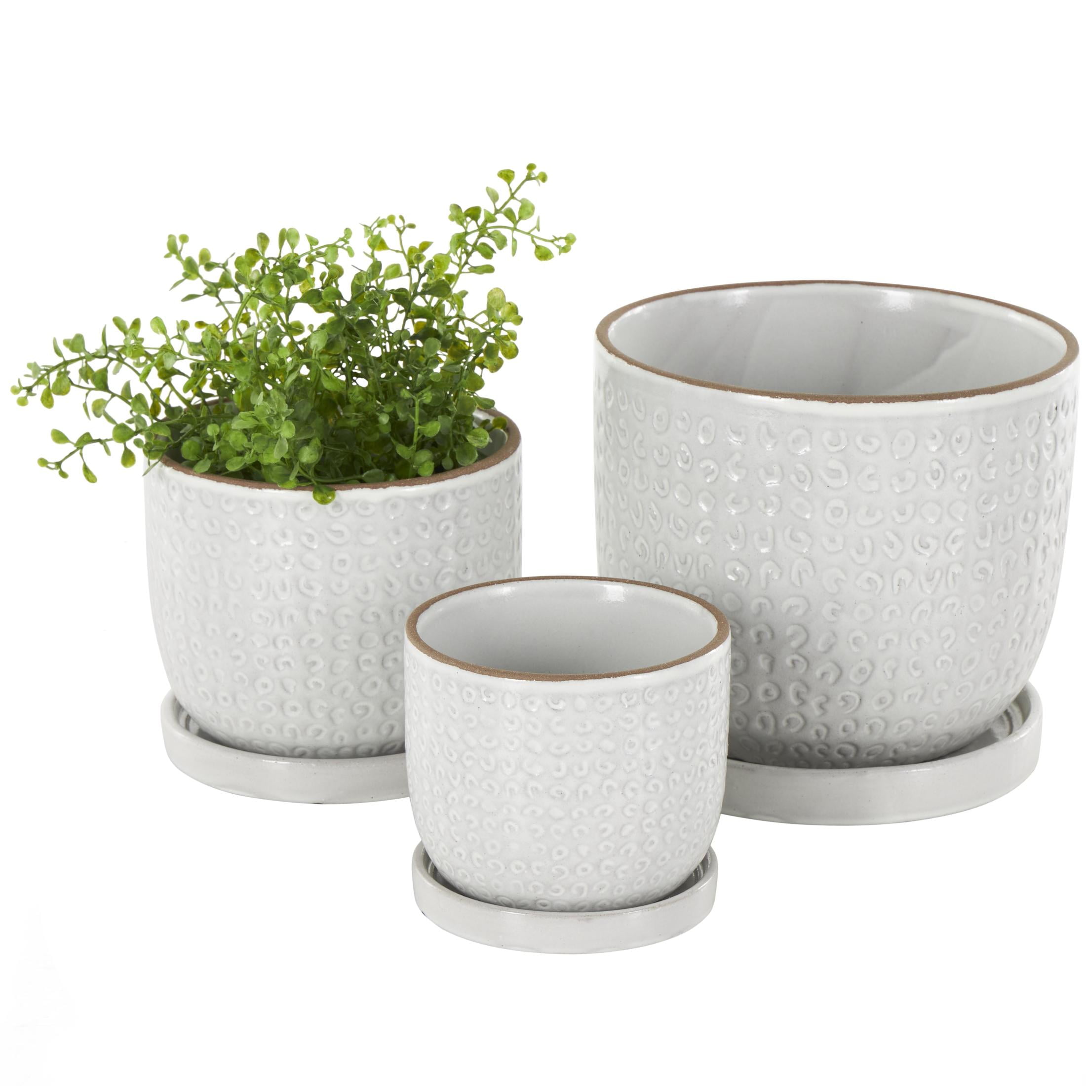 DecMode 7", 5"H Abstract Circle Patterned White Ceramic Planter with Brown Accents and Base Tray (3 Count)