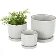 thumbnail image 1 of DecMode 7", 5"H Abstract Circle Patterned White Ceramic Planter with Brown Accents and Base Tray (3 Count), 1 of 9
