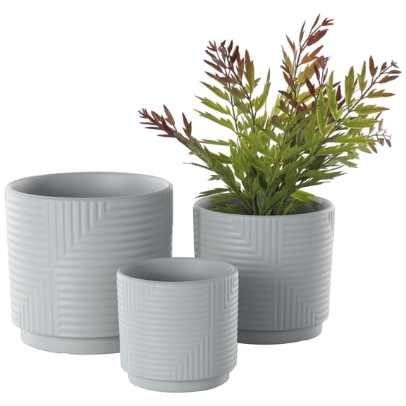 DecMode 7", 6", 4"H Gray Ceramic Planter with Layered Square Shaped Grooves (3 Count)