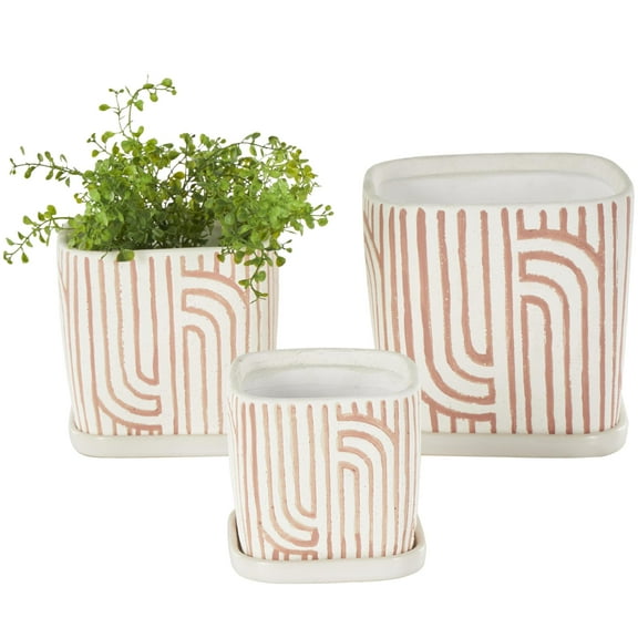 DecMode 7", 6", 5"H Arched Patterned Pink Ceramic Geometric Planter with Attached Saucer (3 Count)