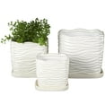 thumbnail image 1 of DecMode 7",6",5"H Wavy Ribbed White Ceramic Planter with Attached Saucer (3 Count), 1 of 9