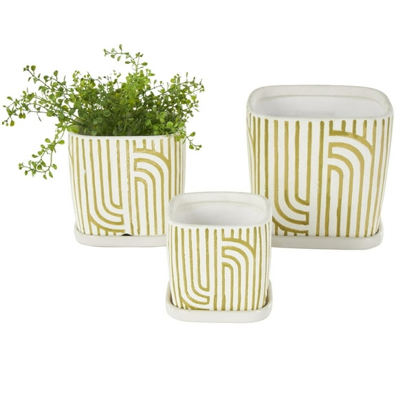 DecMode 7",6",5"H Arched Patterned Green Ceramic Geometric Planter with Attached Saucer (3 Count)