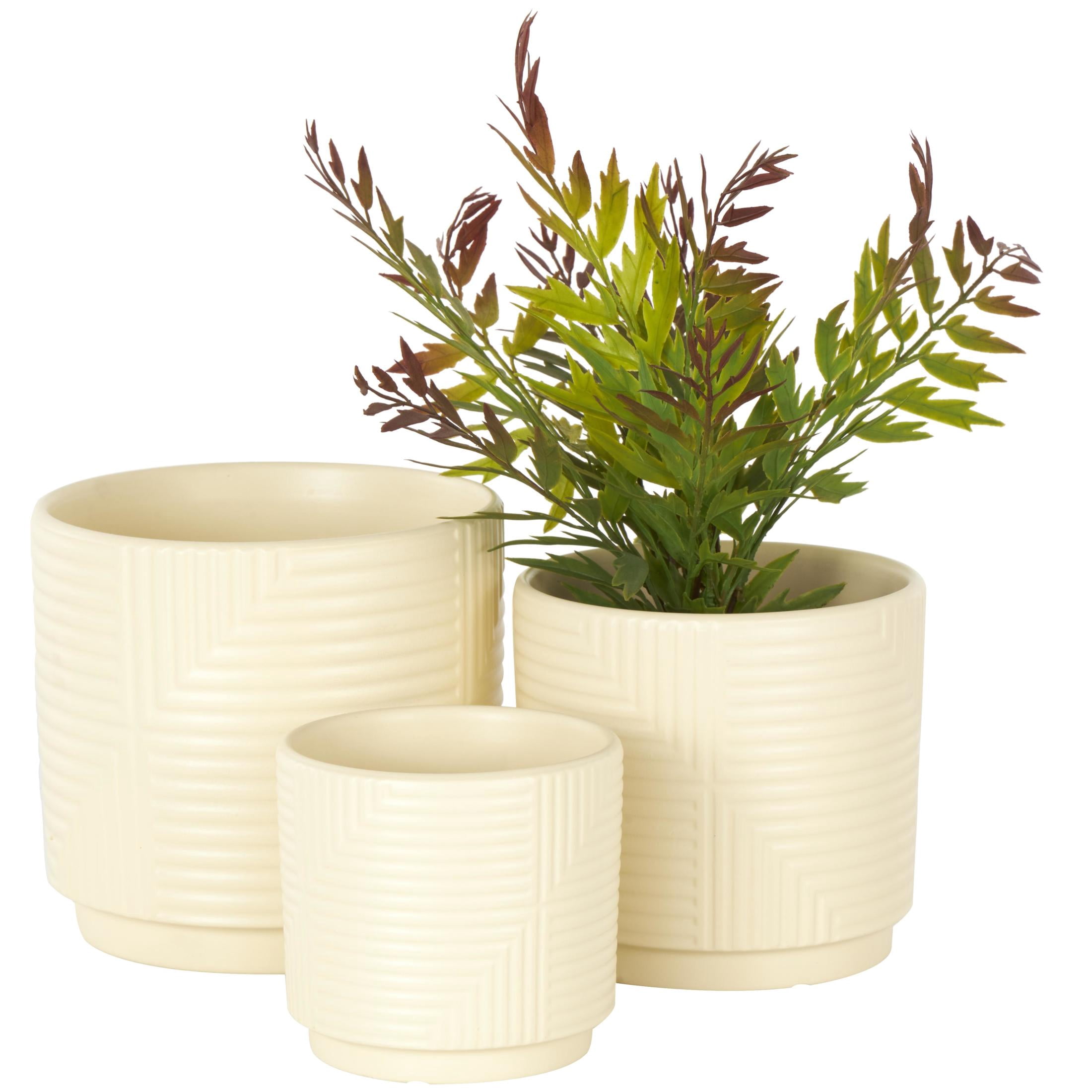 DecMode 7", 6", 5"W Cream Ceramic Geometric Planter with Layered Square Shaped Grooves (3 Count)