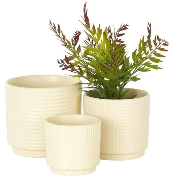 DecMode 7", 6", 5"W Cream Ceramic Geometric Planter with Layered Square Shaped Grooves (3 Count)