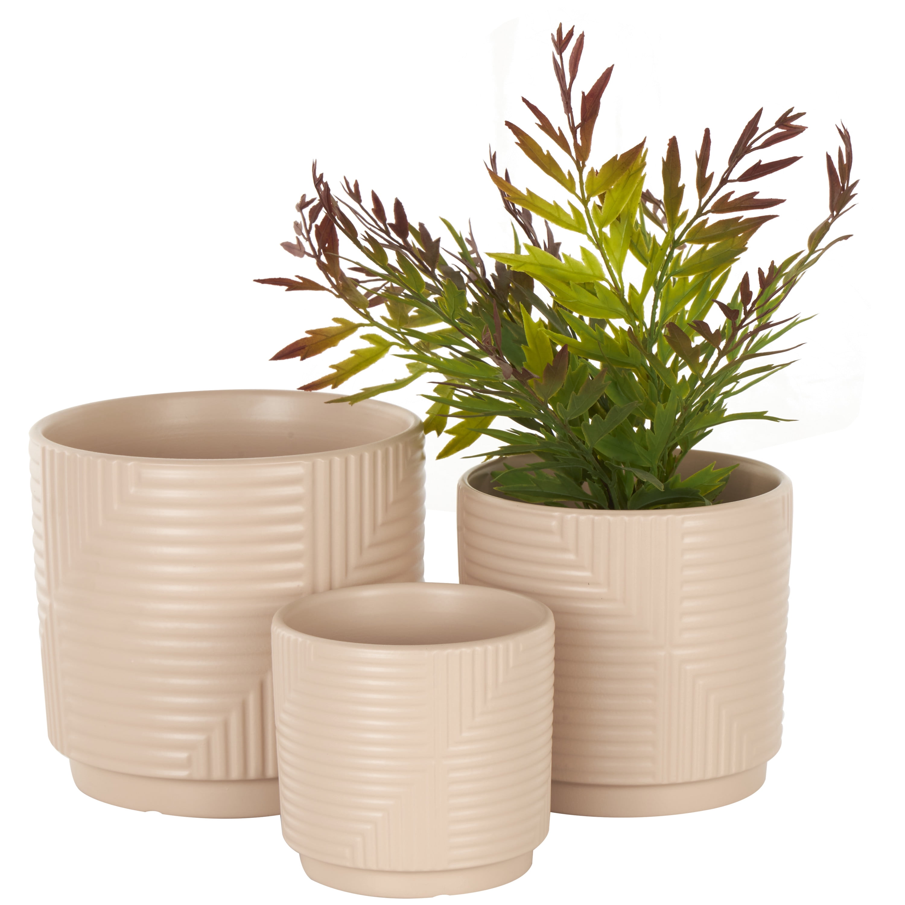 DecMode 7", 6", 5"W Pink Ceramic Geometric Planter with Layered Square Shaped Grooves (3 Count)