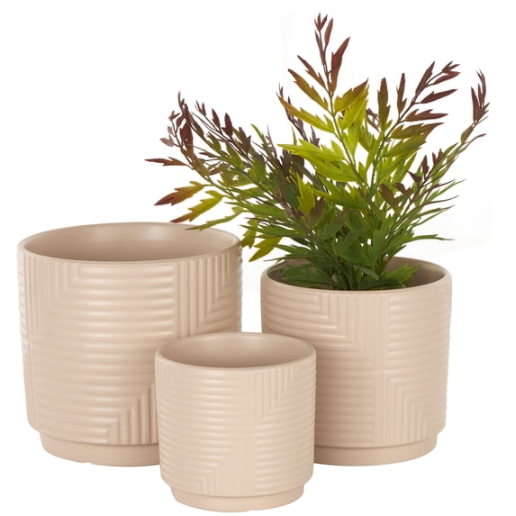 DecMode 7", 6", 5"W Pink Ceramic Geometric Planter with Layered Square Shaped Grooves (3 Count)