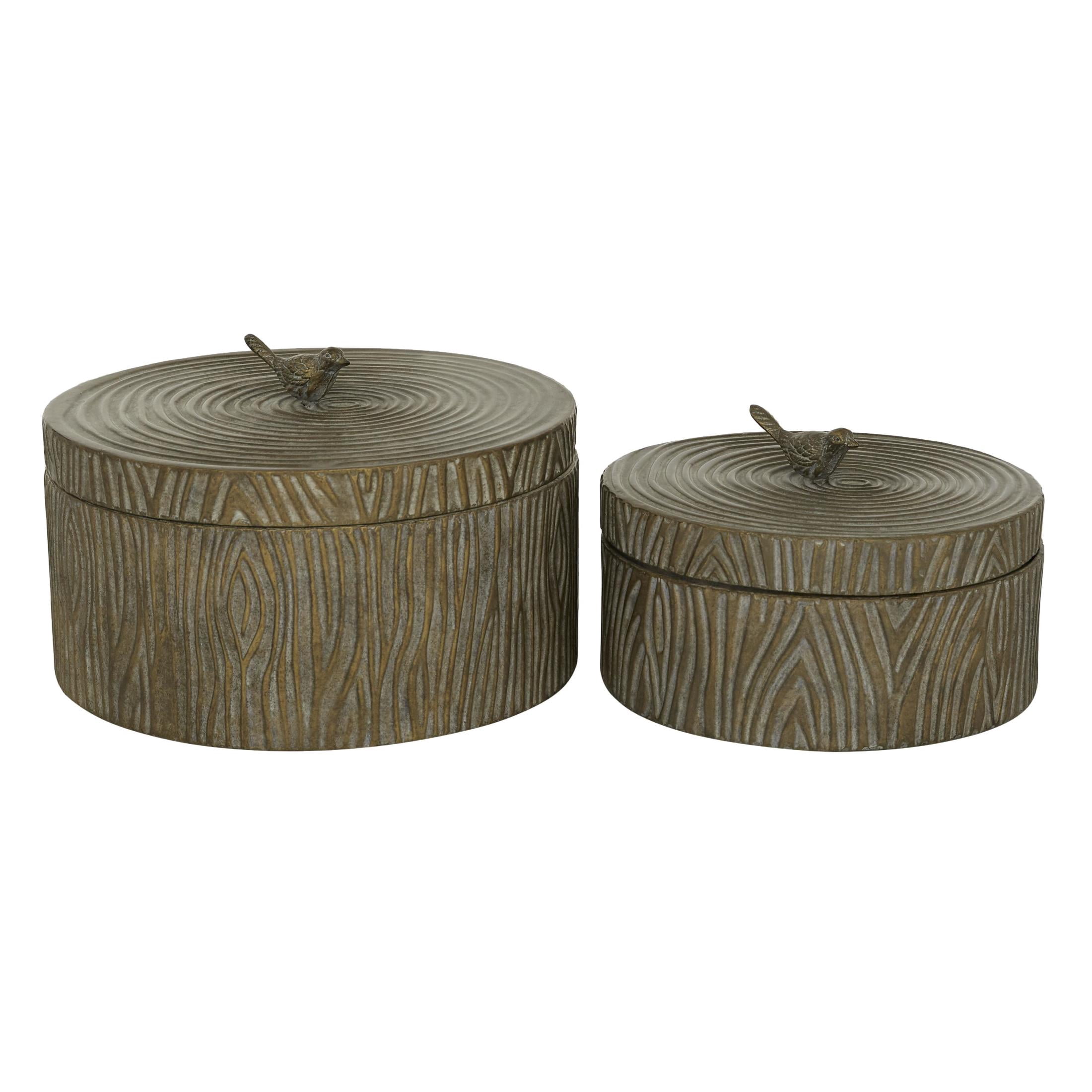 DecMode 7", 6"H Bronze Metal Bird Carved Decorative Jars, 2-Pieces