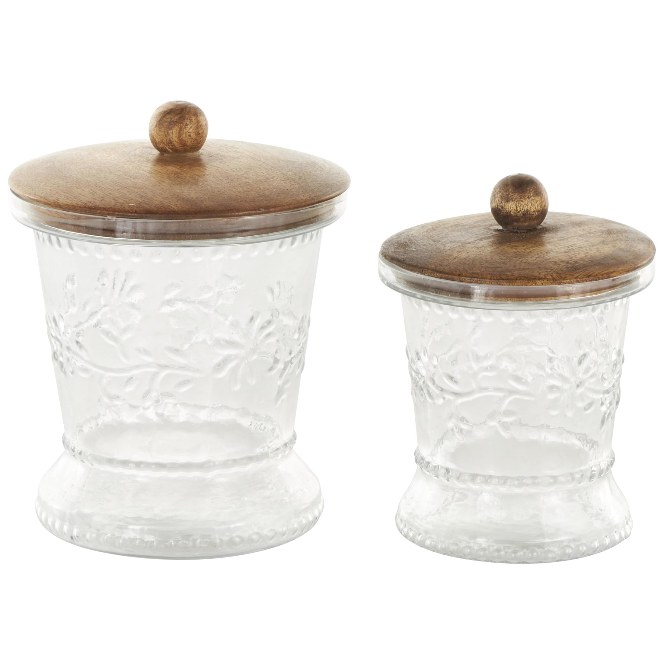 DecMode 7", 6"H Clear Glass Floral Beaded Decorative Jars with Brown Wooden Lids and Round Knobs, 2-Pieces