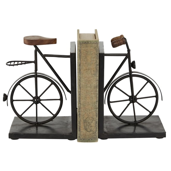 DecMode 5" Vintage Inspired Bike Black Metal Bookends with Wood Accents (Set of 2)