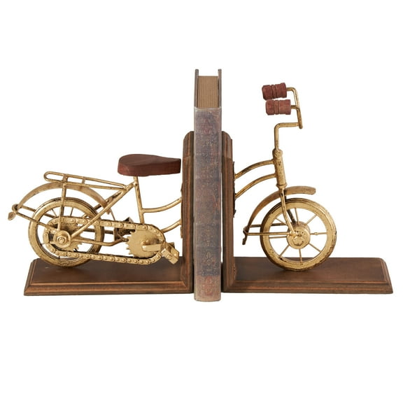 DecMode 7" Bike Brass Wood Bookends (Set of 2)