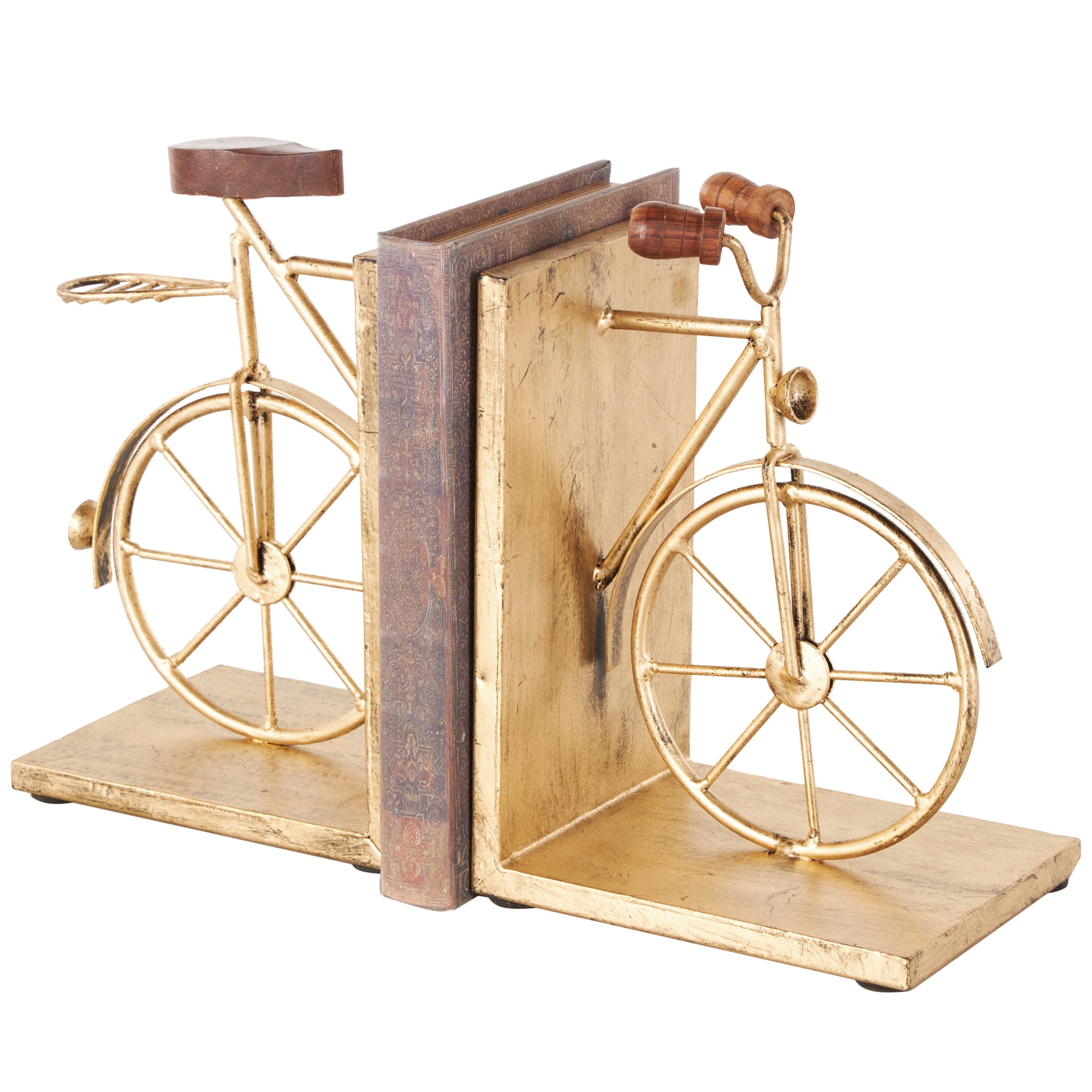 DecMode 6" Bike Gold Metal Bookends with Wood Accents (Set of 2)