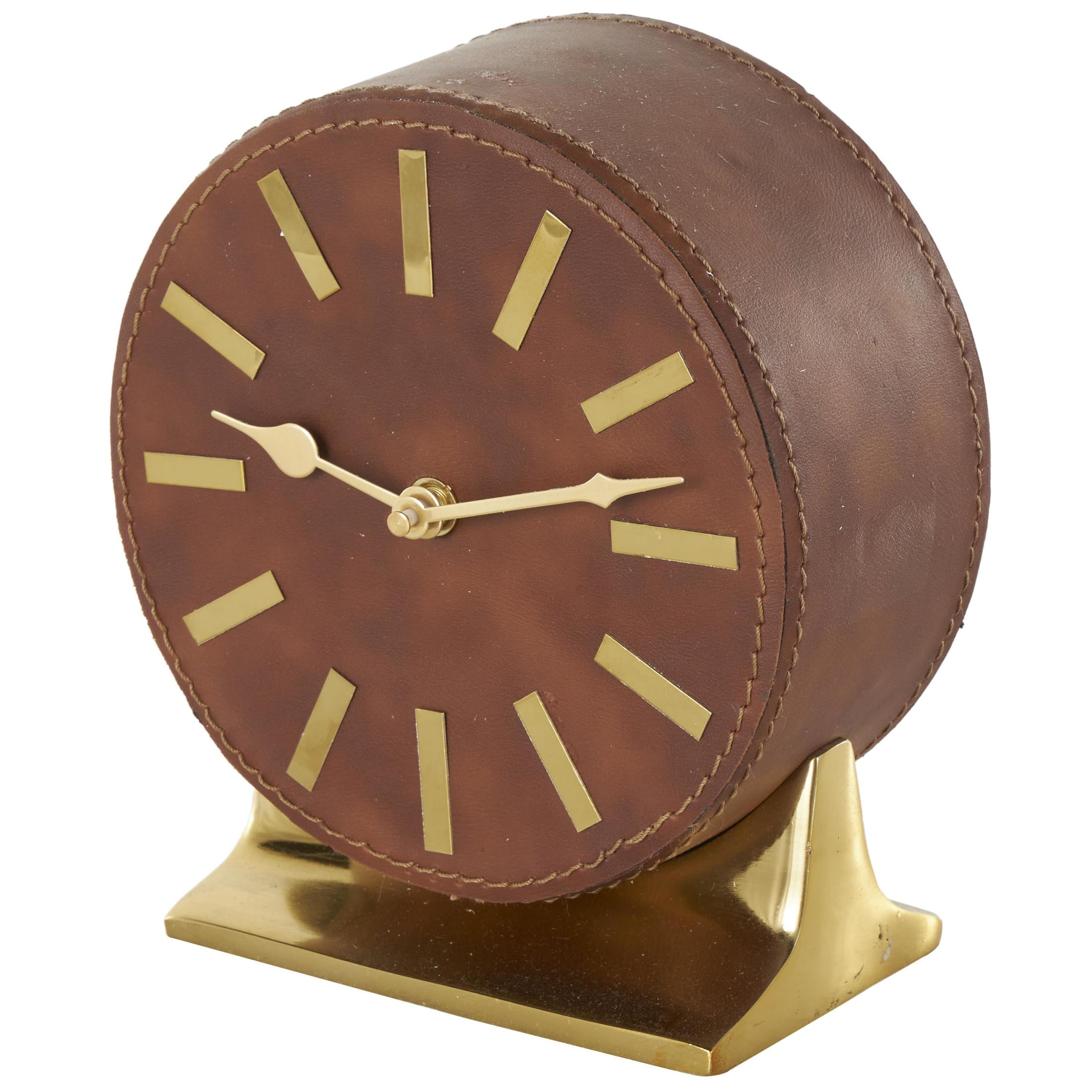 DecMode 7" Brown Faux Leather Round Clock with Gold Rectangular Base