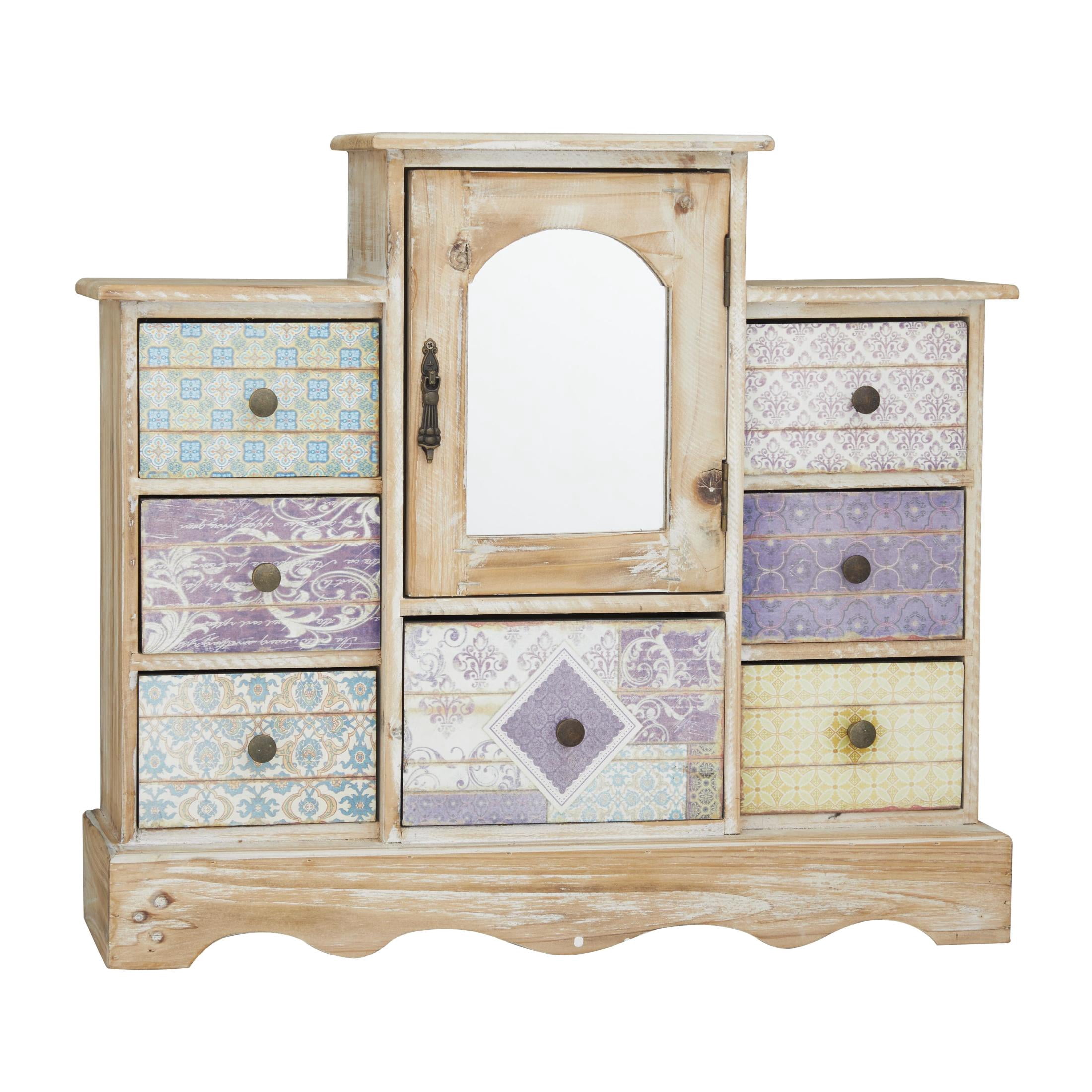 DecMode Scroll 7 Drawers Light Brown Wooden Decorative Jewelry Box with Patchwork Patterns