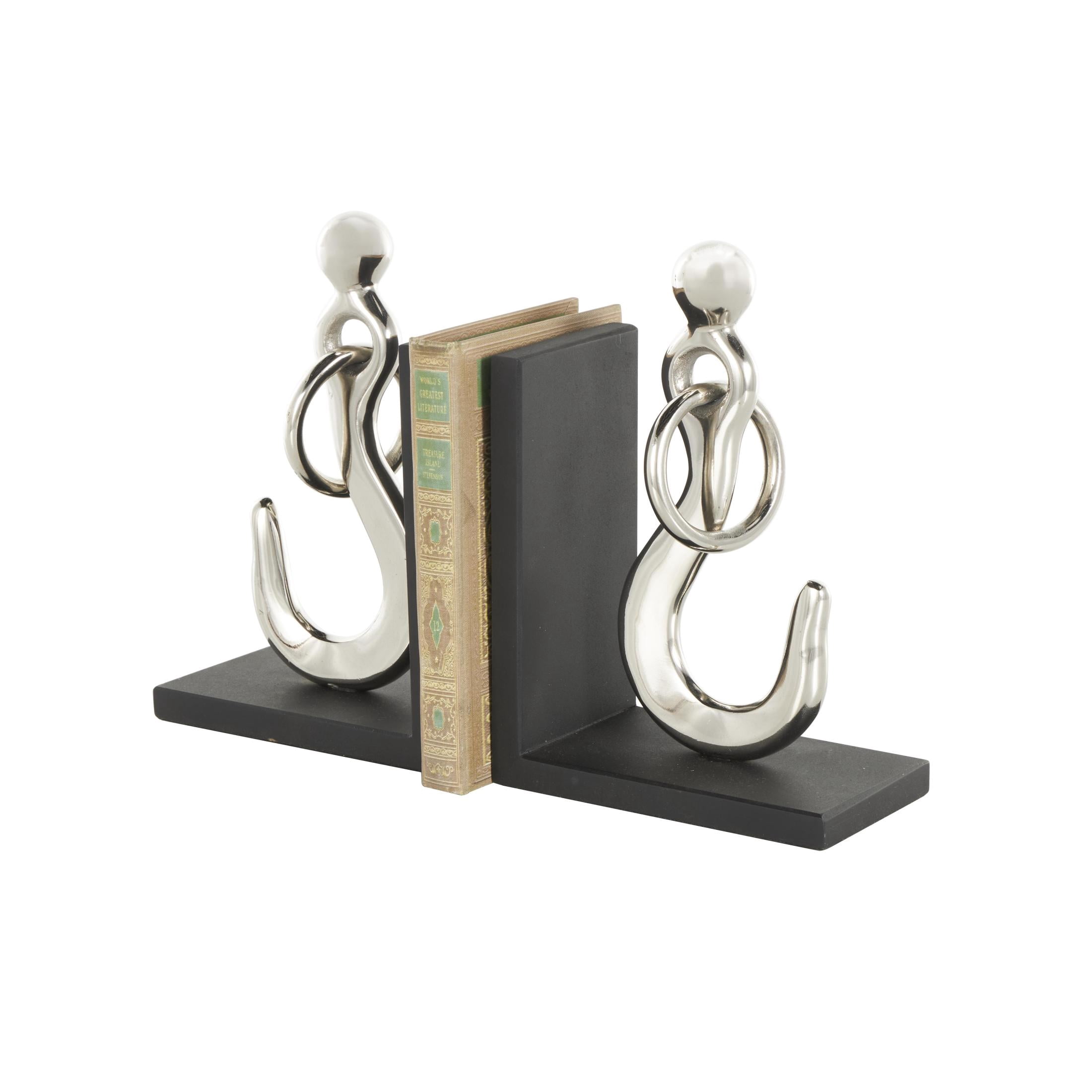 DecMode 7" Hook Silver Aluminum Metal Bookends with Black Bases (Set of 2)