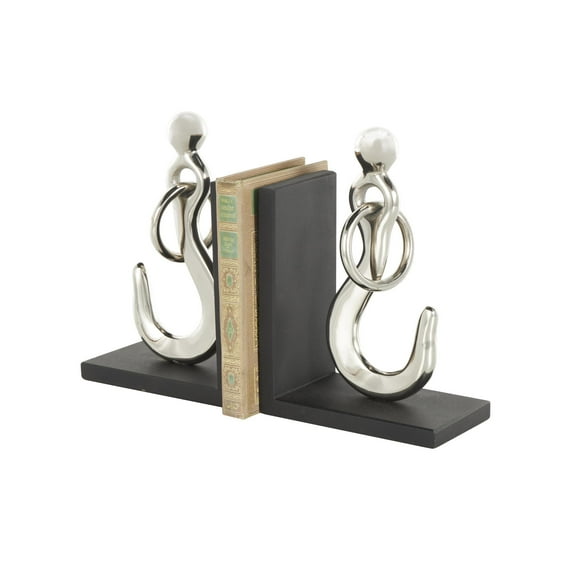 DecMode 7" Hook Silver Aluminum Metal Bookends with Black Bases (Set of 2)